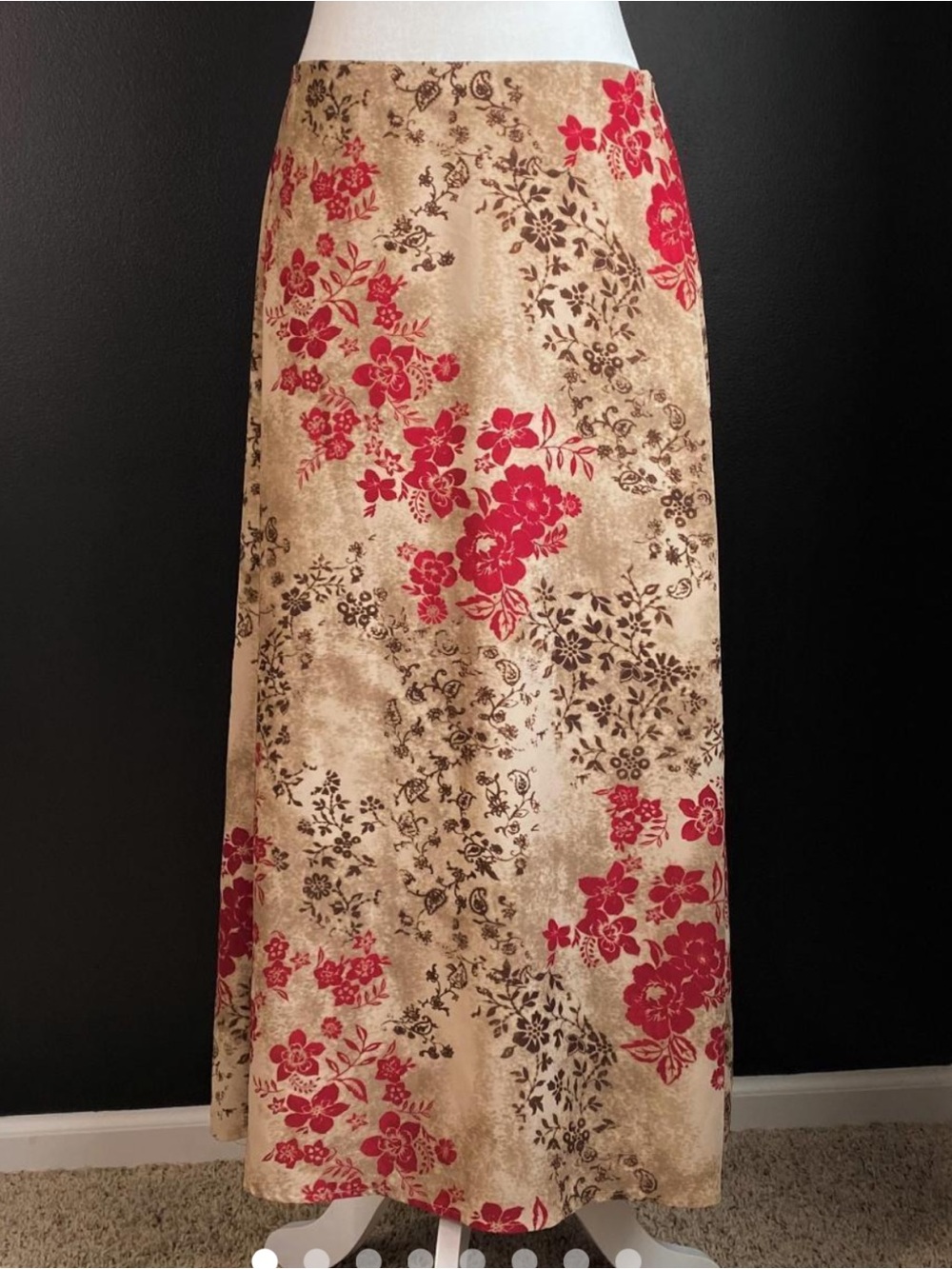 Villager Liz Claiborne Floral MIDI Skirt Red Tan Brown Side Zip Lined Size16